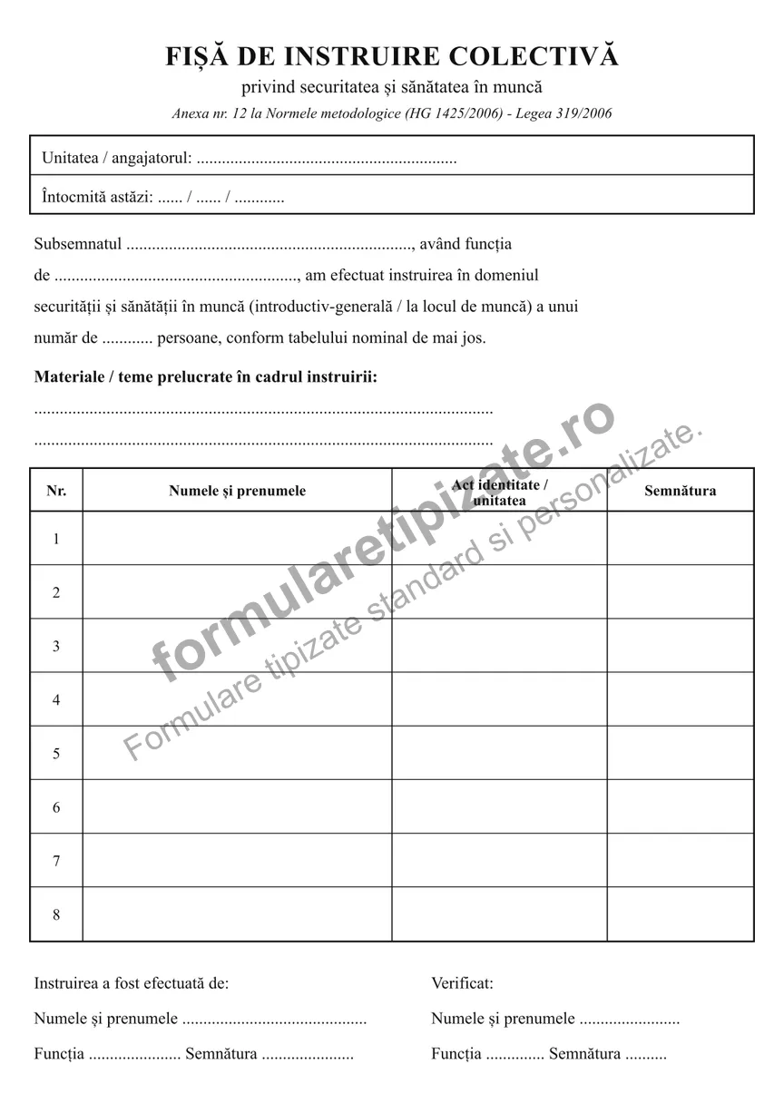 Fișă de instruire colectivă SSM