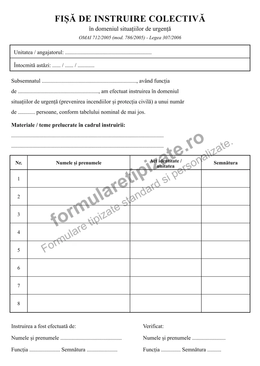 Fișă de instruire colectivă SU (situații de urgență)