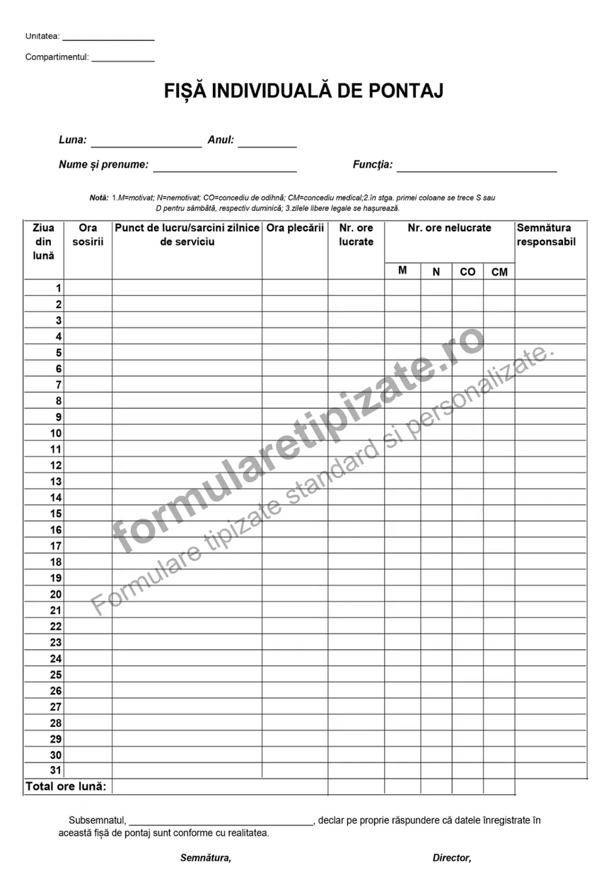 Fișă individuală de pontaj