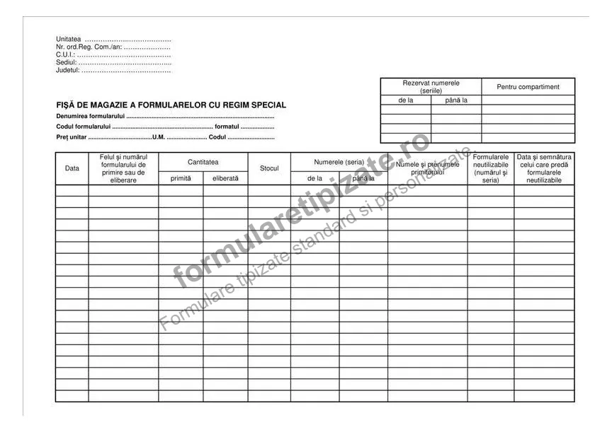 Fișă de magazie a formularelor cu regim special