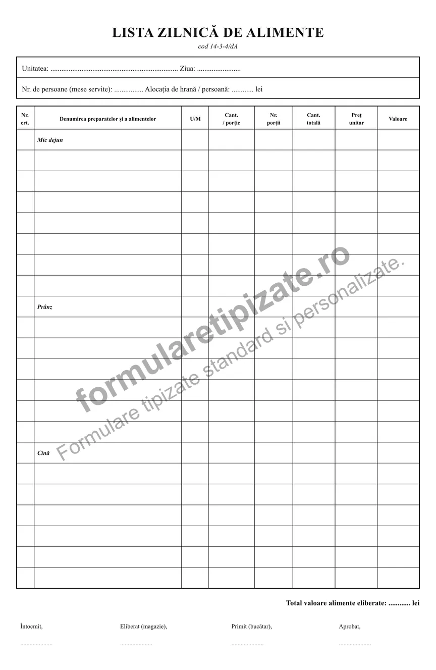 Lista zilnică de alimente (14-3-4/dA)