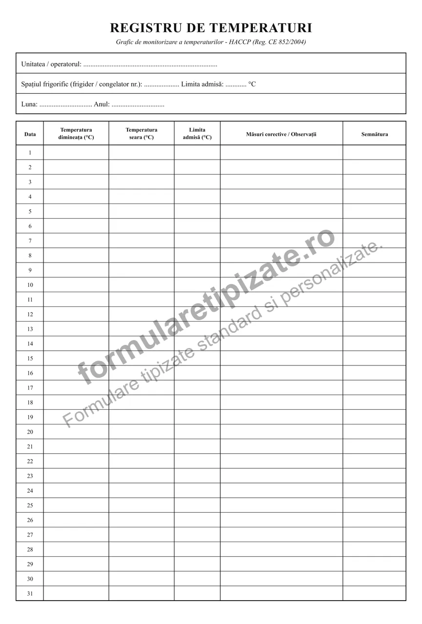 Registru de temperaturi (HACCP)