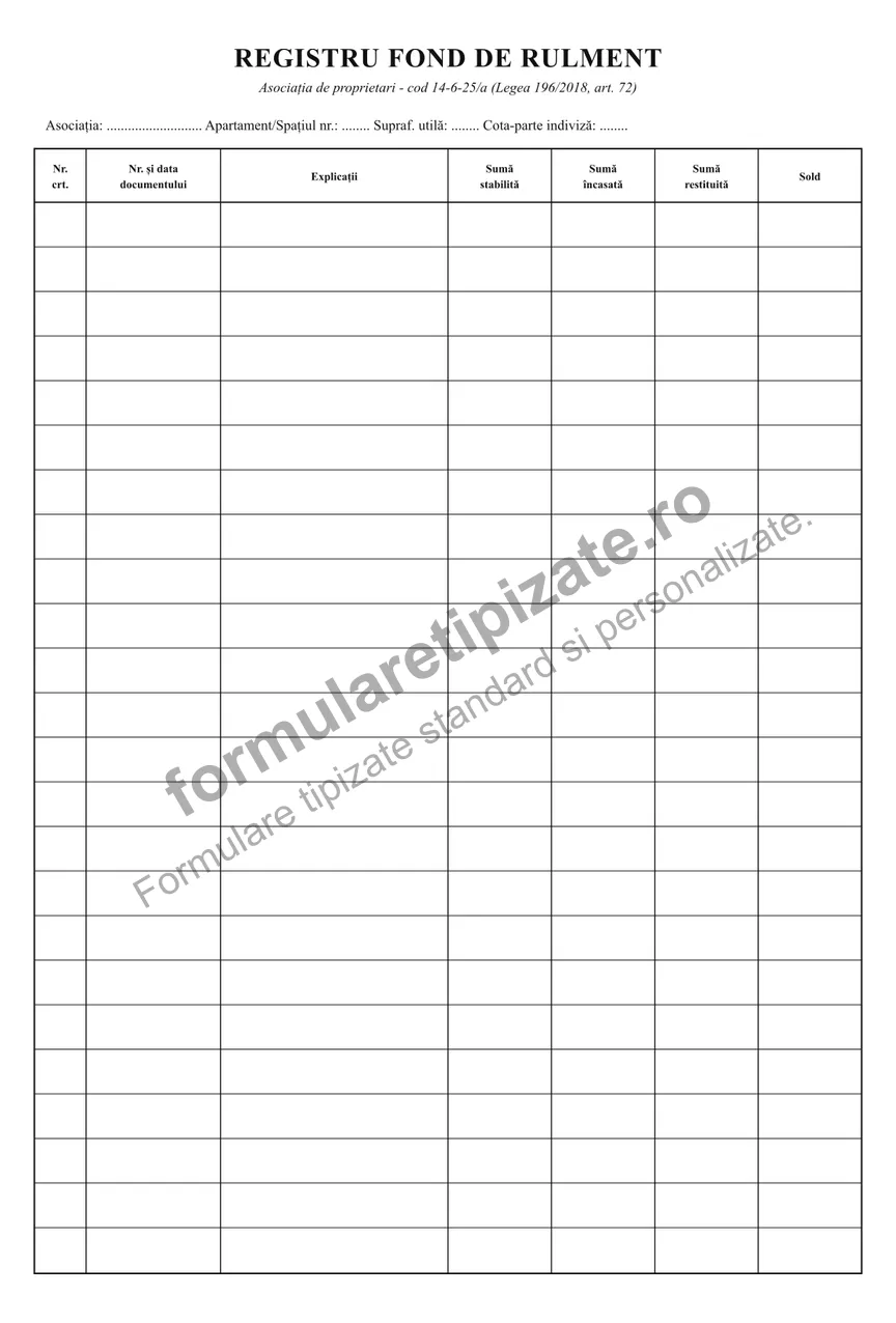 Registru pentru evidența fondului de rulment